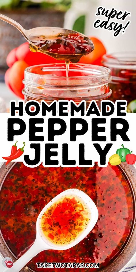 Hot Pepper Jelly (No Canning Needed!) Hungarian Hot Wax Pepper Jelly, Homemade Hot Pepper Jelly, Pepper Jelly No Pectin, How To Make Pepper Jelly, Pepper Jelly Recipe Canning, Strawberry Pepper Jelly Recipe, Cherry Pepper Jelly, Easy Pepper Jelly, Strawberry Pepper Jelly