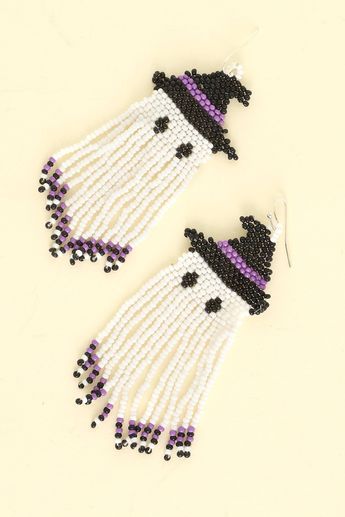 Add a touch of playfulness to your style with these ghost seed bead fringe earrings. These quirky earrings feature a ghost design and delicate fringe made of seed beads. Perfect for a fun and unique look. (Boo-tiful accessory! 👻) Nickel & Lead Compliant Height: 3.5" Width: 1.25" Ships with love from our warehouse in Smithfield,VA Bead Ghost Earrings, Pumpkin Seed Bead Earrings, Seed Bead Ghost Earrings, Spooky Beaded Earrings, Ghost Seed Bead Earrings, Halloween Seed Bead Patterns, Beaded Earring Designs, Beaded Ghost Earrings, Halloween Seed Bead Bracelet