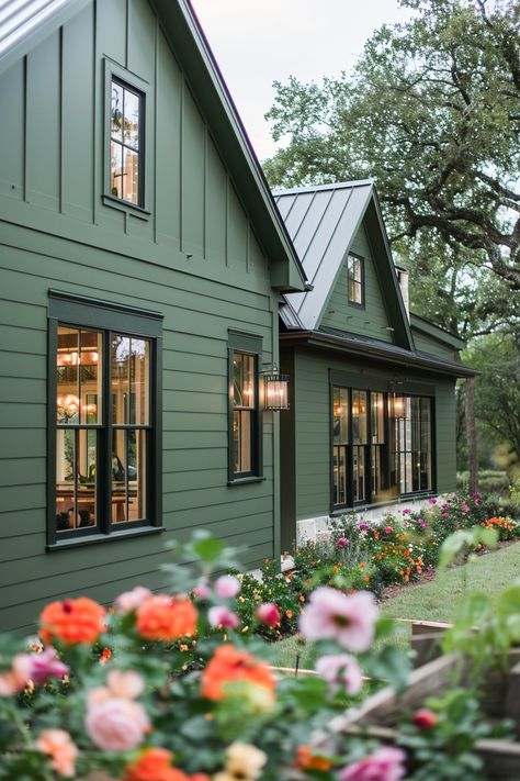 Classic Home Colors Exterior, Green Siding House, Green Farmhouse Exterior, Green Home Exterior, Green House Paint, Green Exterior House, Green Exterior Paints, Alaska House, Green Exterior House Colors