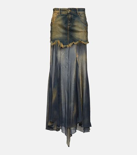 Denim and silk chiffon maxi skirt in multicoloured - Blumarine | Mytheresa Trash Fashion, Look Jean, Chiffon Maxi Skirt, Cute Pants, Fringe Skirt, Fashion 2024, Chiffon Maxi, Edgy Look, Silk Skirt