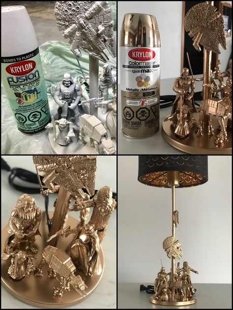 Star Wars action figure lamp DIY Star Wars Lamp Diy, Starwars Living Room Decor, Star Wars Themed Home Office, Diy Gifts For Star Wars Fans, Star Wars Dresser Diy, Star Wars Home Decor Diy, Star Wars Room Ideas Man Caves, Star Wars Furniture Diy, Starwars Decorations Diy