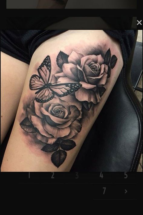 Butterfly Leg Tattoos, Butterflies And Roses, Tatuaje Cover Up, Rosen Tattoo Frau, Rose And Butterfly Tattoo, Rose Tattoo Thigh, Girl Thigh Tattoos, Catrina Tattoo, Rose Tattoos For Women