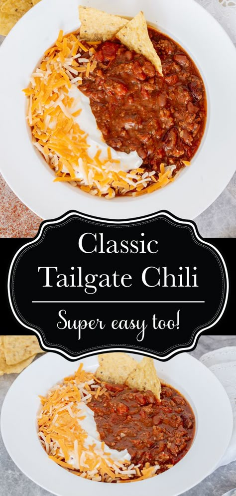 This classic homestyle tailgate chili has been a staple recipe for me for over a decade now. It's full of flavour, perfect on cold nights, freezes amazingly, and is one of the easiest recipes I've ever made! You have GOT to try this!  #chili #tailgate #tailgatefood #tailgatechili #dinner #beans #beef #pork #slowcooker #crockpot #recipe #delicious #food Football Chili Recipe, Touchdown Chili Recipe, Tailgate Chili Recipe, Boilermaker Tailgate Chili, Game Day Chili Recipe, Tailgate Chili, Hotdog Chili Recipe, Easiest Recipes, Chili Recipe Crockpot