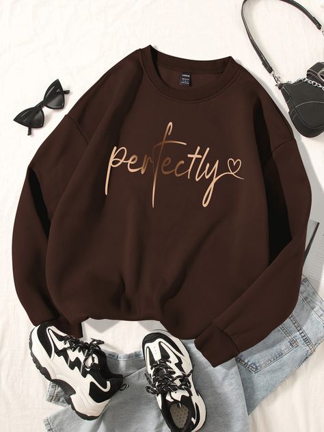 Coffee Brown Casual Collar Long Sleeve Fabric Heart,Letter Pullovers Embellished Non-Stretch  Women Sweatshirts Stylish Hoodies, Trendy Dress Outfits, Women Sweatshirts, Trendy Outfits For Teens, Easy Trendy Outfits, Simple Trendy Outfits, Tomboy Fashion, Really Cute Outfits, Girls Fashion Clothes