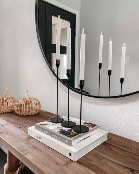 Candle Stick Decor Ideas, Candle Holders Decor Ideas, Black Entryway Table, Black Candlesticks, Entry Table Decor, Black Candle Holders, Candle Stick Decor, Entryway Table Decor, Black Candle