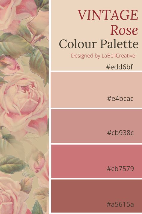 Vintage Flower Color Palette, Princess Core Color Palette, Shabby Chic Palette, Pink Palettes Princess Aesthetic, Vintage Pink Colour Palette, Vintage Hex Codes, Rose And Sage Color Palette, Pink And White Colour Palette, Pastel Pink Pallet