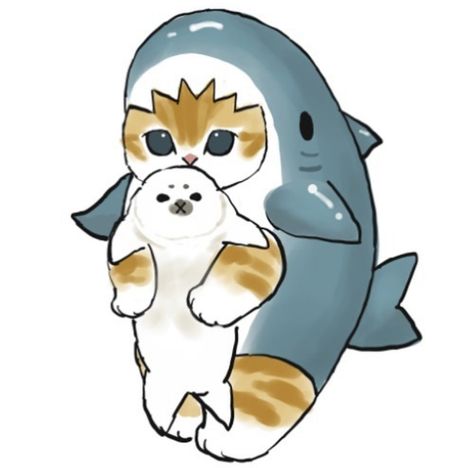 Cat In Shark Costume Drawing, Shark Cat Pfp, Cat Shark Costume, Shark Drawing Easy, Cat Drawing Cute, Easy Cat Drawing, Mofu Sand, Cat Shark, Shark Drawing