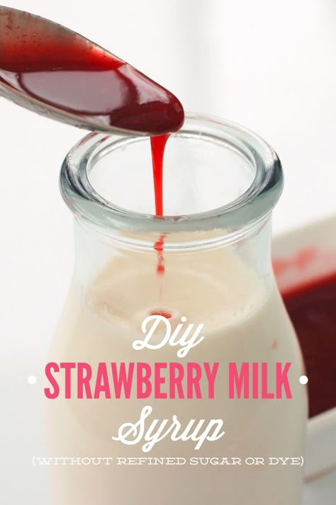 DIY Strawberry Syrup For Strawberry Milk (Dye and Refined Sugar Free!) Homemade Strawberry Milk, Strawberry Syrup Recipes, Homemade Syrups, Milk Syrup, Real Foods, Artificial Dyes, Homemade Syrup, Strawberry Syrup, Syrup Recipe