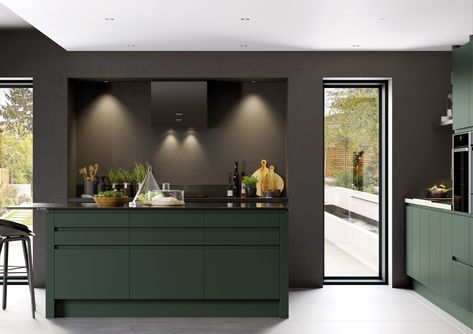 True handleless slab door, perfect for a modern kitchen, contemporary kitchen or that luxury kitchen feel. Kitchen Without Handles, Handleless Kitchen Cabinets, Matt Kitchen, Dark Green Kitchen, Modern Black Kitchen, Cheap Kitchen Cabinets, Handleless Kitchen, Black Kitchen Island, Green Kitchen Cabinets