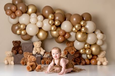 Neutral Teddy Bears & Balloon Arch Photography Backdrop - Teddies, Stuffed Animals, Toys, Brown, Cream, Gold, Garland Boho Bohemian Birthday