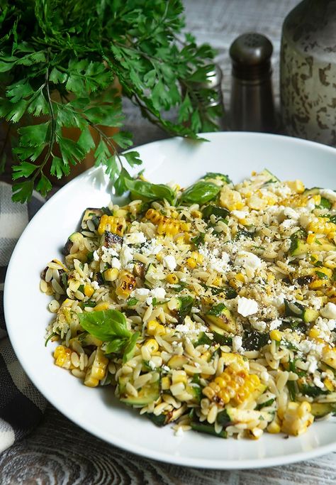 Grilled Corn & Zucchini Orzo Salad | Italian Food Forever Orzo Grilled Vegetable Salad, Light Italian Recipes, Easy Orzo Salad, Risoni Salad, Zucchini Orzo, Easy Orzo, Grilling Vegetables, Salad Italian, Grilled Vegetable Salads