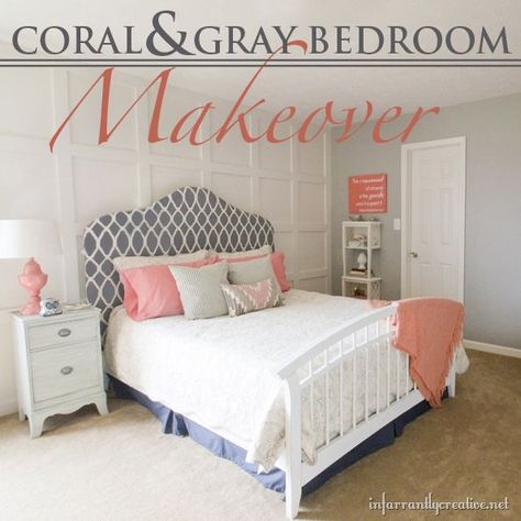 Coral and Gray Bedroom Makeover Reveal - FULL of DIY Ideas Apartment Planning, Coral Bedroom, Bedroom Redo, Grey Bedroom, Bedroom Master, Playroom Ideas, Gray Bedroom, Trendy Bedroom, Rooms Reveal