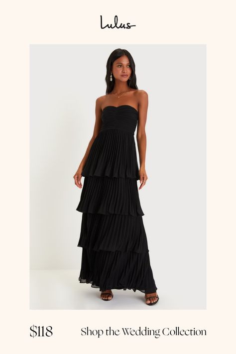 Sweeping everyone off their feet is so easy when you have a romantic look like the Lulus Seriously Sensational Black Strapless Tiered Maxi Dress! Lightweight pleated woven chiffon shapes this flirty dress that features a strapless bodice (with hidden no-slip strips) and a sweetheart neckline. The high, fitted waist tops a figure-skimming, tiered skirt that cascades down to a maxi hem. Hidden back zipper/clasp. Fit: This garment fits true to size. Length: Floor length. Size medium measures 52.5" Black Bridesmaid Dresses Long, Maxi Dress Strapless, Lulu Fashion, Black Bridesmaid Dresses, Flirty Dresses, Romantic Look, Tiered Maxi Dress, Long Bridesmaid Dresses, Lulu Dresses