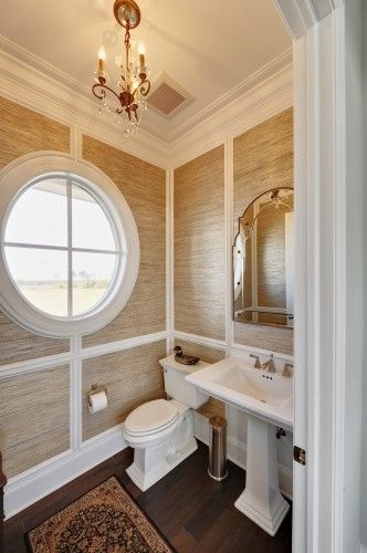 Grass Wallpaper, Round Window, Powder Room Design, Grasscloth Wallpaper, Beautiful Bathrooms, Of Wallpaper, Bathroom Inspiration, Powder Room, My Dream Home