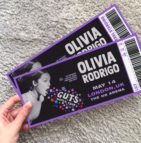 Olivia Rodrigo Guts Tour Souvenir Concert Ticket | Personalized Souvenir Concert Ticket  Ticket size is: 9x21 cm - 3.5 x 8 inches 💜Please mention them in the personalization box💜 -date -city -section, row and seat number -name (optional) Olivia Lyrics, Olivia + Core + Aesthetic, Guts Tour, Concert Ticket, Olivia Rodrigo Guts, Birthday List, Concert Tickets, + Core + Aesthetic, Olivia Rodrigo