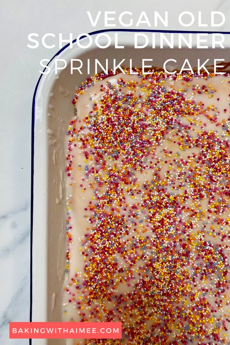 sprinkle cake in white baking dish Traybake Cake, School Dinner, School Dinners, Vegan Baking Recipes, Tray Bake Recipes, School Cake, Lunch Box Snacks, Cake Vegan, Baking Tutorial