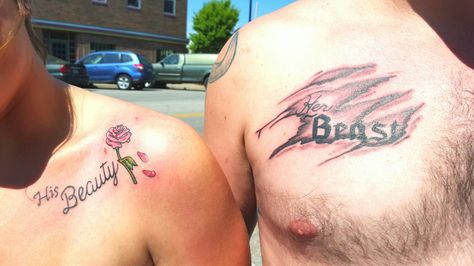 Beauty and beast couple tattoo His Beauty Her Beast Tattoo Couples, Matching Tattoos Couples Beauty Beast, Couples Tattoos Beauty And The Beast, Beauty And Beast Matching Tattoos, Matching Beauty And The Beast Tattoos, Her Beast His Beauty Tattoo, Beauty Beast Tattoo Couples, Beauty And Beast Couple Tattoo, Beauty And The Beast Matching Tattoos