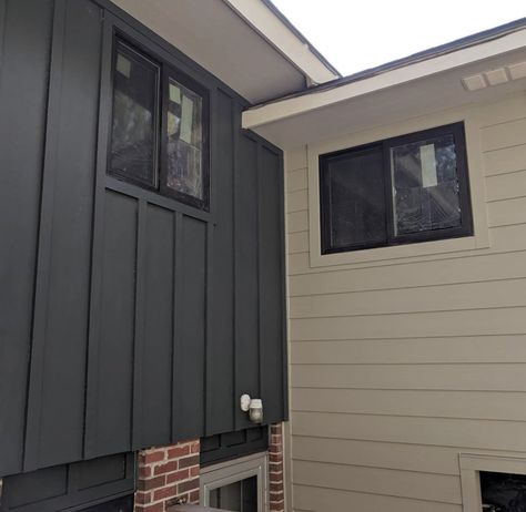 James Hardy Siding. Lap: Monterey Taupe Board and Batten: Iron Gray   Windows: Anderson 100 series in #bronze. #siding #jameshardy #lap #boulder #edgy Herringbone Siding Exterior, Board And Batten With Lap Siding, James Hardie Iron Gray Siding, Monterey Taupe Hardie Siding, Taupe Board And Batten, James Hardy Siding, Iron Gray Hardie Siding, James Hardie Iron Gray, Hardy Siding