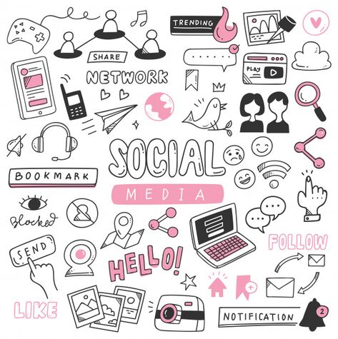 Hand drawn social media doodle set Premium Vector Social Media Doodle, Print Design Template, Doodle Doodle, Rose Gold Texture, Watercolor Paper Texture, Neon Backgrounds, Doodle Icon, Digital Marketing Business, Doodle Designs