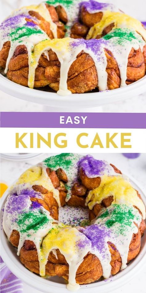 Easy Kings Cake Recipe, King Cake Bundt Recipe, King Cake With Cinnamon Rolls, King Cake Bundt Cake, Epiphany King Cake Recipe, Moist King Cake Recipe, King Cake Epiphany, King Cakes Recipe, King Cake Icing Recipe