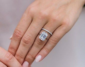 Emerald cut moissanite engagement ring set Simple engagement | Etsy Solitaire Wedding Ring Set, Rings Princess, Cushion Moissanite Engagement Ring, Emerald Cut Diamond Engagement Ring, Emerald Cut Diamond Engagement, Moissanite Bridal Sets, Moissanite Engagement Ring Oval, Emerald Cut Moissanite, Emerald Cut Rings