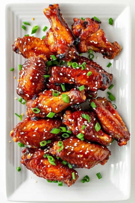 Top view of delectable Asian Chicken Wings with a sticky, savory glaze. Asian Wings, Marinated Wings, Asian Chicken Wings, Sticky Chicken Wings, Glazed Chicken Wings, Spicy Wings, Blue Cheese Dip, Crispy Wings, Sticky Chicken