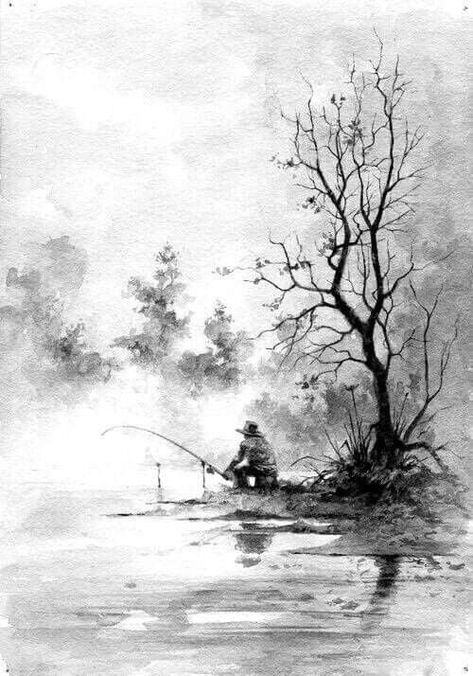 Pencil Sketches Landscape, Man Fishing, Landscape Pencil Drawings, Nature Art Drawings, Nature Sketch, Landscape Sketch, 흑백 그림, Art Drawings Sketches Pencil, Charcoal Art