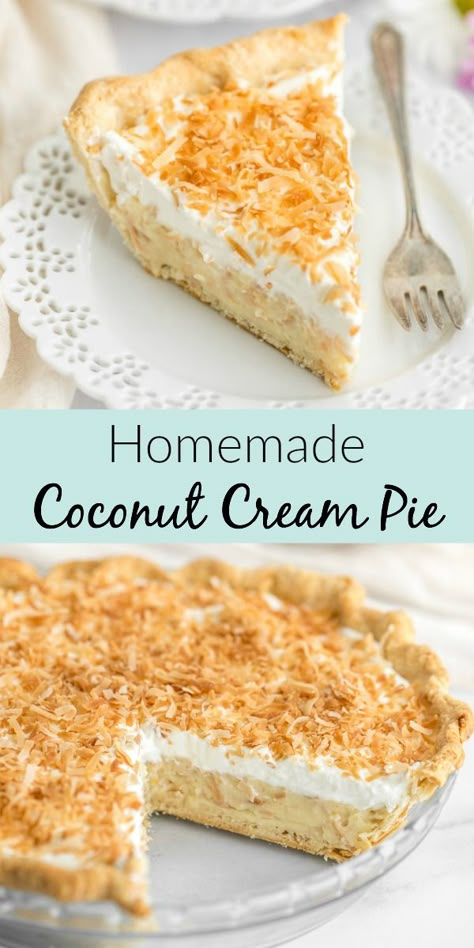 A homemade pie crust filled with a creamy coconut filling topped with whipped cream and toasted coconut. This is the BEST Coconut Cream Pie recipe and made completely from scratch! #pie #Thanksgiving #recipe #coconut The Best Coconut Cream Pie, Homemade Coconut Cream Pie, Homemade Coconut Cream, Best Coconut Cream Pie, Live Well Bake Often, Coconut Filling, Coconut Cream Pie Recipes, Homemade Pie Crust, Cream Pie Recipes