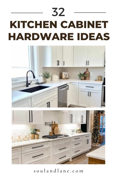 Revamp your kitchen cabinets with hardware ideas designed to captivate and impress. From sleek, contemporary pulls in matte black to vintage knobs in brushed brass, these small details can make a big impact. Consider mixing metals for a bold, eclectic look or choose minimalist designs for a clean, modern vibe. Unique textures and shapes, like geometric knobs or leather handles, add an unexpected touch of sophistication. These kitchen cabinet hardware ideas not only turn heads but also reflect yo Mixing Black And Brass Hardware, Black Kitchen Pulls Cabinet Hardware, Kitchen Cabinets With Hardware, Farmhouse Kitchen Cabinet Handles, Kitchen Hardware Trends 2024, Kitchen Cabinets Black Hardware, Cabinet Handle Ideas, Modern Kitchen Cabinet Pulls, Mixing Metals In Kitchen