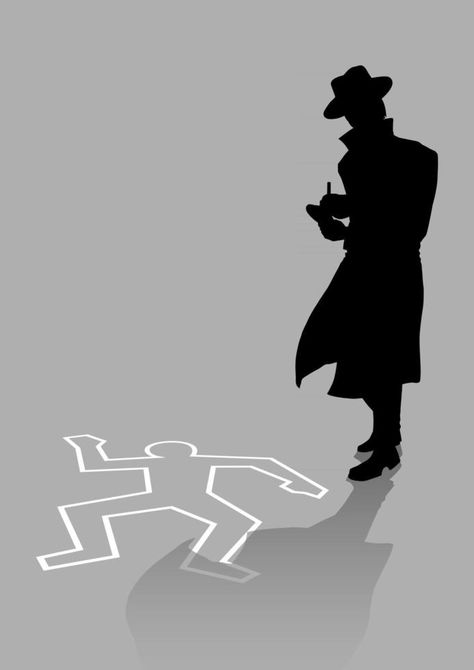 Drawing Of Criminology, Smirk Illustration, Detective Poster Design, Detectives Aesthetic, Detective Drawing, Detective Silhouette, Mystery Illustration, Detective Illustration, Mystery Drawing