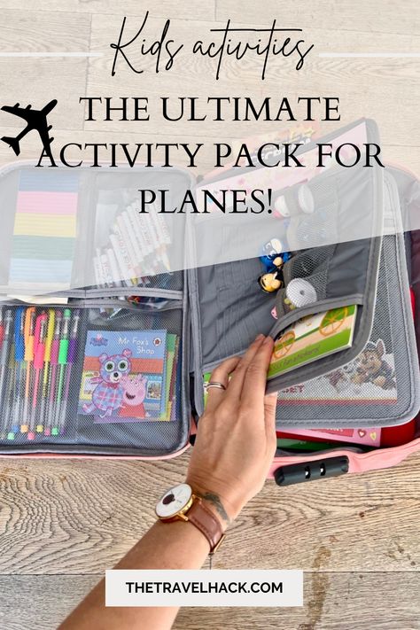 How to create the ultimate kids activity pack for travel - The Travel Hack Plane Rides With Kids, Diy Travel Activity Kits, Aeroplane Toys For Kids, Travel For Kids Activities, Plane Toys For Kids, Roadtrip Activities For Kids Busy Bags, Activities For Plane Rides, Airplane Busy Bag, Airplane Kits For Kids