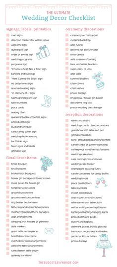 the ultimate wedding decor checklist by The Budget Savvy Bride! Get the free printable! #weddingdecor #checklist #printable #weddingprintable #weddingchecklist Things To Get For Wedding, Wedding Check Off List Things To Do, Wedding Checklist Decor, Reception Decor List, Wedding Needs List Everything, Wedding Decor Inventory List, List Of Things For Wedding, Bride Needs Checklist, All Things Wedding Everything