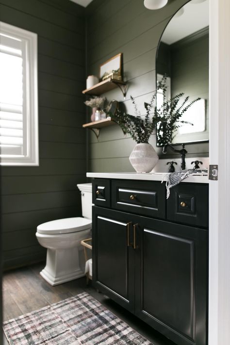 Dark Green Bathrooms, Bathroom Counter Decor, Green Vanity, Guest Bathroom Decor, Painted Bathroom, Black Vanity Bathroom, Pretty Bathrooms, Restroom Decor, Basement Makeover