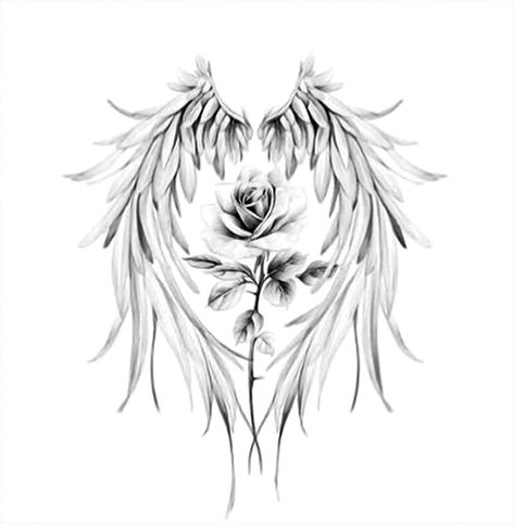 Rose Tattoo With Wings, Tattoo Sketches Ideas For Women, Angel Tattoo Ideas For Women, Eagle Wing Tattoos Woman, Flower Wings Tattoo, Wings Made Of Flowers Tattoo, Wings And Flowers Tattoo, Angel Wings Tattoo On Back Of Leg, Angel Tattoo Designs For Women Beautiful