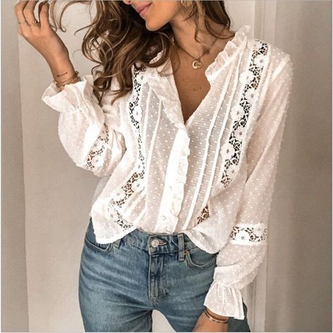 a3545bd79d31f9a72d3a78690adf73fcdesc49132491ri Women Blouses Fashion Casual, Woman Blouse Fashion, Lace Blouse Long Sleeve, White Lace Blouse, Flare Long Sleeve, Vintage Blouse, Ruffle Shirt, Elegant Shirt, Loose Blouse