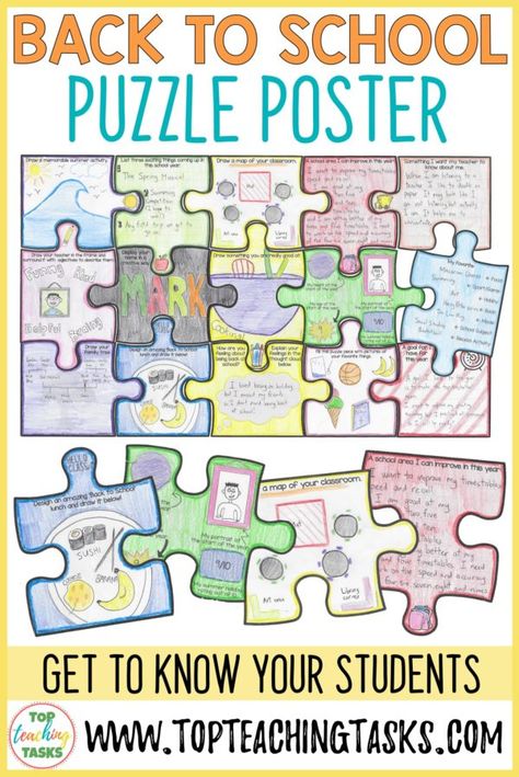 Back to School Puzzle Poster - Use this engaging, dynamic, and interactive resource to get to know your year 4-8 students at the start of the school year. This fun All About Me activity includes 15 puzzle pieces with a range of artistic and writing tasks. Students will reflect on their summer, create a classroom map, discuss their teacher, favourite things, family tree, school lunch, AND more. Start with a meaningful, fun activity on the first day of school! 5th Grade Get To Know You Activities, Poster For School, About Me Poster, Classroom Map, All About Me Poster, Get To Know Your Students, Family Tree Poster, Get To Know You Activities, All About Me Activities