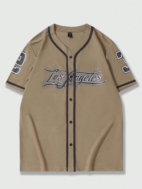 Brown Casual Collar Half Sleeve Knitted Fabric Letter Shirt Embellished Slight Stretch  Men Clothing Letter Shirt, Los Angeles Print, Baseball Jersey Shirt, Baseball T, Fabric Letters, Training Tops, Men Shirts, Baseball Jersey, Baseball Jerseys