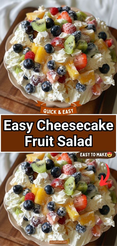 Cheesecake Fruit Salad Cheesecake Fruit Salad Recipes, Cream Cheese Fruit Salad, Fruit Salad With Cream, Summer Fruit Salad Recipe, Cheesecake Fruit, Cheesecake Fruit Salad, Fruit Salad Ingredients, Summer Fruit Salad, No Bake Cheesecake Filling