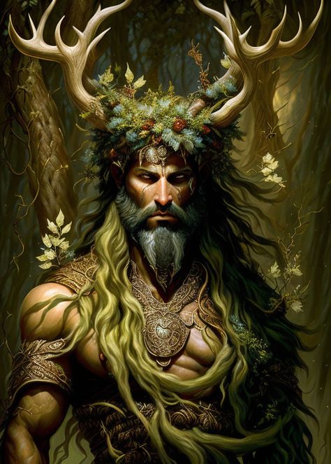 Silvanus, God of the Wild, by Todd Lockwood; a monstrous, savage man, bright white eyes without pupils, with a deer antlers in head, full body covered in brown fur, Dungeons and Dragons, Faerun, Toril, RPG, Gods, Pantheon, D&D Silvanus Dnd, Silvanus God, Deer Man Art, Forest Deity, Todd Lockwood, Celtic Deities, Forest People, Wiccan Art, Witch Pictures