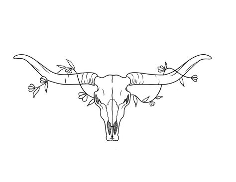 Longhorn Tattoo Stencil, Longhorn And Flower Tattoo, Longhorn Skull Tattoo Simple, Cow Horns Tattoo, Simple Longhorn Drawing, Western Tattoo Outline, Western Linework Tattoo, Women Tattoos Western, Longhorn Skull Drawing Easy