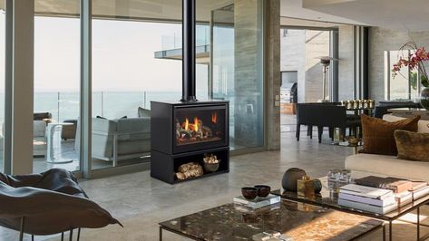 Supreme Freestanding Indoor Gas Fireplace | Heat & Glo Indoor Gas Fireplace, Vented Gas Fireplace, Outdoor Wood Fireplace, Fireplace Heat, Fireplace Fronts, Modern Lodge, Wall Mount Fireplace, Gas Fireplace Insert, Modern Flames