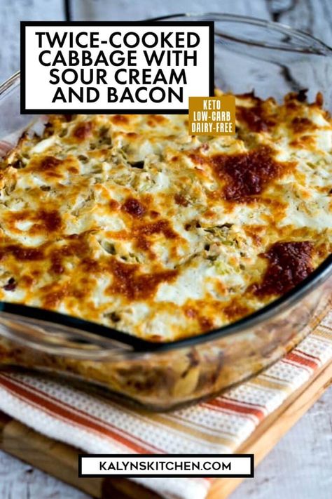 Twice-Cooked Cabbage with Sour Cream and Bacon is really a wow when you're looking for an interesting low-carb and Keto side dish! Or use more bacon if you prefer and eat the tasty twice-cooked cabbage for a main dish! [found on kalynskitchen.com] #TwiceCookedCabbage #CabbageCasserole Twice Cooked Cabbage With Sour Cream And Bacon, Cabbage Keto Recipes, Cabbage Keto, Keto Cabbage Recipe, Bacon Cabbage, Cabbage Casserole Recipes, Keto Side, Meatless Recipes, Low Carb Casseroles