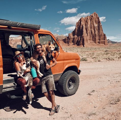 Loyal companions: Brianna Madia and her husband Keith take their two dogs, Dagwood and Bucket, with them everywhere Van Life With Dog Aesthetic, Brianna Madia, Living In A Van, University Of Rhode Island, Living Intentionally, Utah Desert, Trail Dog, Campervan Life, Camping Aesthetic