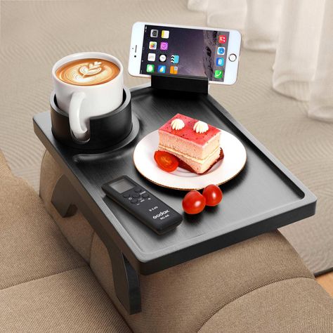 PRICES MAY VARY. Rotating Phone Stand & Couch Cup Holder: Our sofa armrest tray comes with a 360° rotating phone bracket, allowing you to keep your screen aligned with your line of sight for effortless video viewing. The grooves are equipped with anti-slip silicone pads to prevent your phone from sliding off. It features a detachable and rotatable cup holder, enabling easy access to your beverage from either side. The cup holder ensures stability and prevents spills on the sofa. Patent registrat Couch Cup Holder, Wood Couch, Sofa Arm Tray, Couch Tray, Couch Arm Table, Arm Rest Table, Sofa Armrest, Curved Table, Clean Sofa