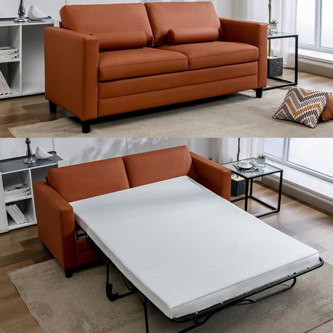 PRICES MAY VARY. 【Versatile 2-in-1 Design】 PUREMIND's loveseat couch is well 2-in-1 designed, can not only act as a sofa but also a comfy bed. With a pull out sleeper hidden beneath the sofa, seamlessly transforms into a comfortable bed with a 3.5"mattress. Ideal for any occasion such as living room, bedroom, guestroom, office, apartment, dormitory and more. 【Anti Cat Scratch Leather】Our convertible sleeper sofa sports a high-quality, scratch and puncture-resistant imitation leather fabric. This Pull Out Coach, Diy Camper Couch Bed, Queen Pull Out Couch, Sofa Pull Out Bed, How To Make Sofa Bed, Pull Out Bed Couch, Metal Frame Sofa, Pull Out Couch Bed, Bed For Living Room