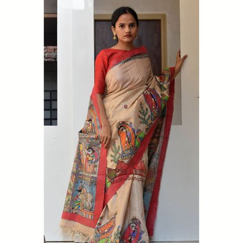 The beautiful saree has depiction of all 10 avtars of Vishnu.. Vishnu is among the most important deities of Hinduism. Together with with… Madhubani Painting Saree, Saree Painting Designs, Saree Painting, Hand Painted Clothing, Hand Painted Sarees, Madhubani Painting, Tussar Silk Saree, Saree Online, Beautiful Saree