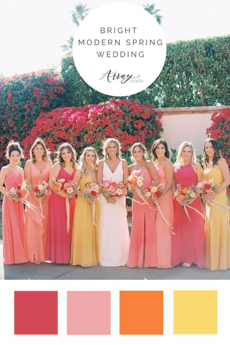 Spring Bright Wedding Colors, Spring Wedding Daffodils, Pink Yellow Orange Purple Wedding, Magenta And Yellow Wedding, Modern Colorful Wedding Flowers, Pink And Orange Wedding Palette, Pink Yellow Orange Wedding Colors, Sunset Themed Wedding Bridesmaid Dresses, Red Orange Pink Yellow Wedding