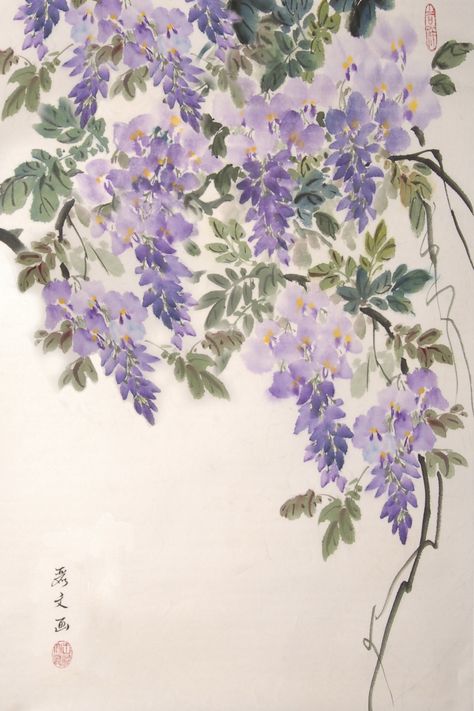 Challenge yourself with a different style of painting in our NEW class, Chinese Brush Painting! "Wisteria" by instructor Li-Wen Quach. Art Chinois, Japanese Watercolor, Japanese Flower, Chinese Brush Painting, Art Asiatique, Flower Paintings, 수채화 그림, Art Japonais, Japanese Painting