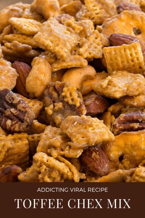 Ridiculously Addicting Toffee Chex Mix Recipe - Everyday Dishes Payday Mix Recipe, Treat Mix Recipes, Chex Mix Candy Recipes, Sweet Party Mix Snacks, Rice Chex Recipes Party Mixes Christmas Snacks, Easy Churro Chex Mix Recipes, Crockpot Trail Mix Recipes, Cinnamon Toffee Chex Mix, Stock Show Snacks