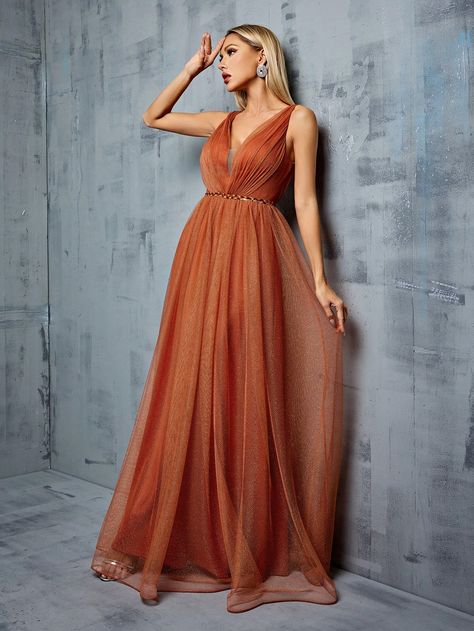 Metallic Mesh Tulle Folding Sequin Ribbon Pieced Bridesmaid Dress With V-Neckline Burnt Orange   Sleeveless Woven Fabric Plain A Line Non-Stretch  Weddings & Events, size features are:Bust: ,Length: ,Sleeve Length: 70s Wedding Bridesmaid Dresses, Rust Colored Dress Wedding, Copper Dress Bridesmaid, Terracotta Bridesmaids Dresses, Burnt Orange Gown, Orange Wedding Dress, Fancy Clothing, Burnt Orange Bridesmaid Dresses, Nerdy Wedding